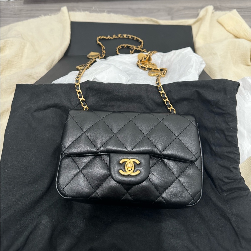Chanel 22B Black Mini Flap Rectangle Open Heart Gold Logo Shoulder Crossbody Bag